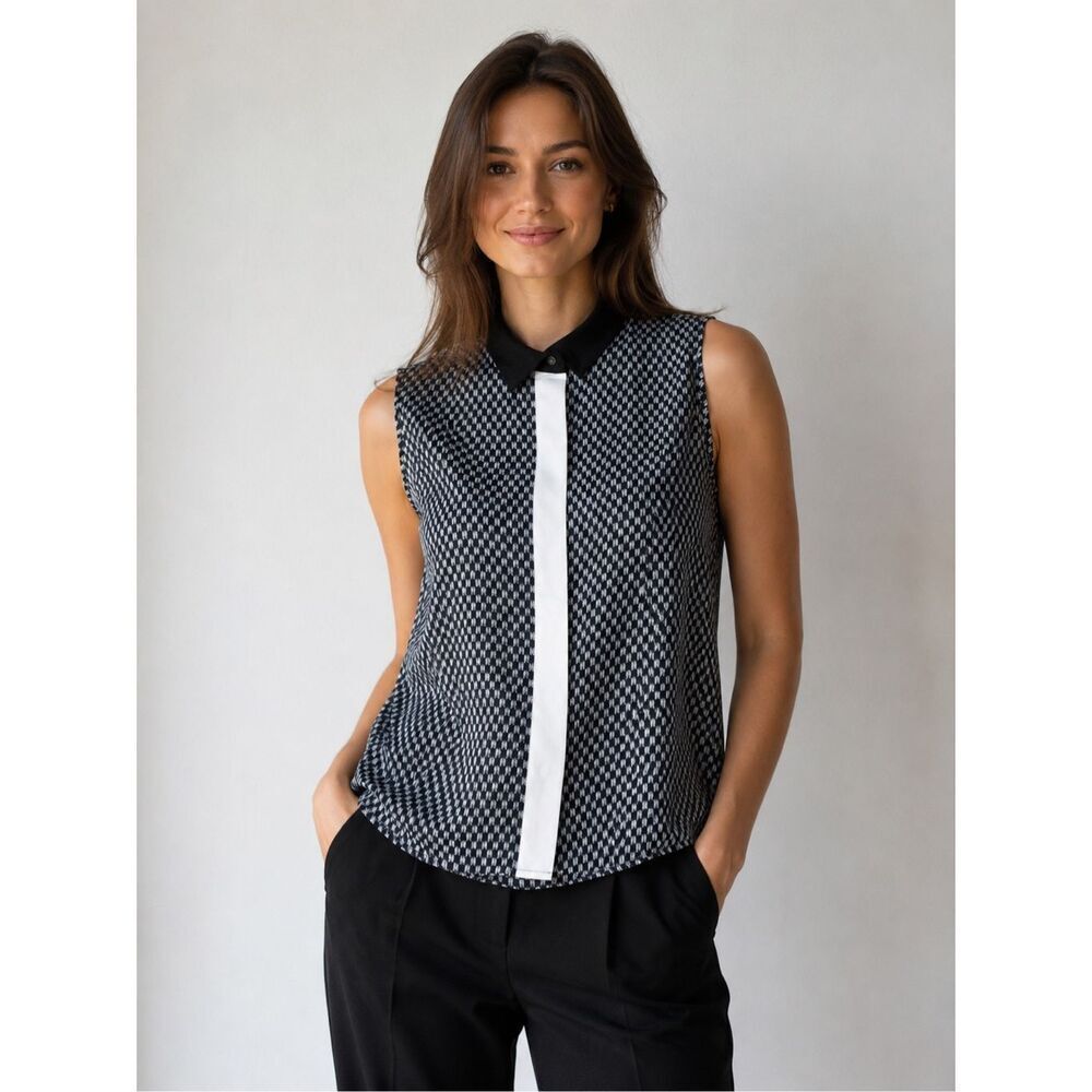 H&M Sleeveless Geometric Print Blouse Black White Sheer Collared Top Size 8